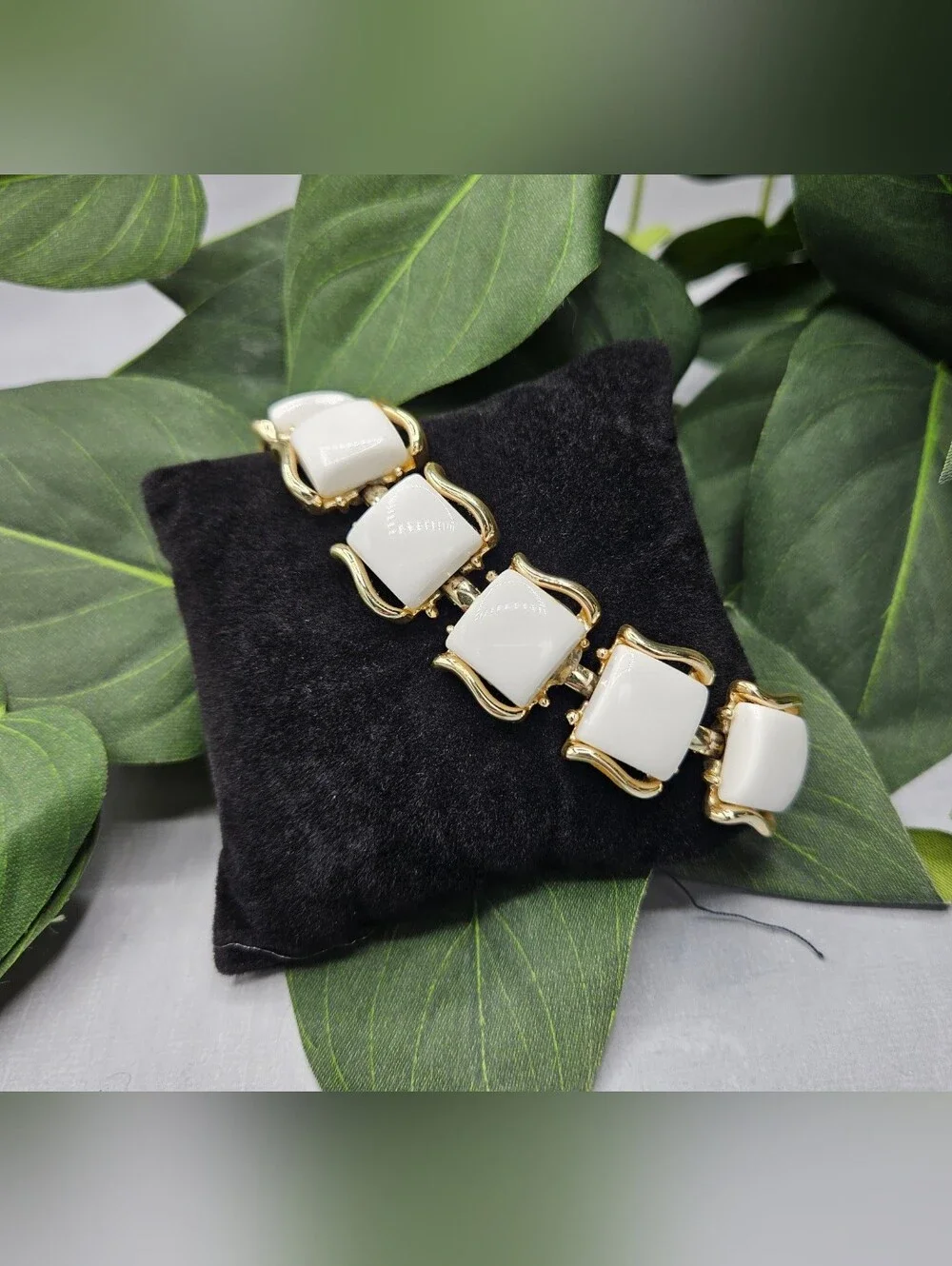 Vintage Coro gold Chunky White Glass Bracelet. Late 70’s Has a Safety Chain mid-